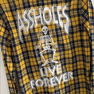 Assholes Live Forever‎ Skeleton Embroidered Yellow Plaid Flannel Shirt Large